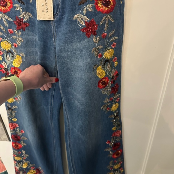Alice + Olivia Blue Floral Embroidered Flare Jeans - Picture 15 of 15